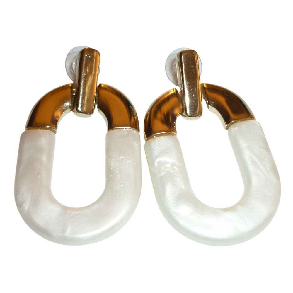 Vintage 80s Runway Gold Tone Pearlescent White Acrylic Door Knocker Earrings
